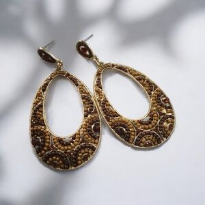 Elegant Gold and Brown Beaded Teardrop Earrings